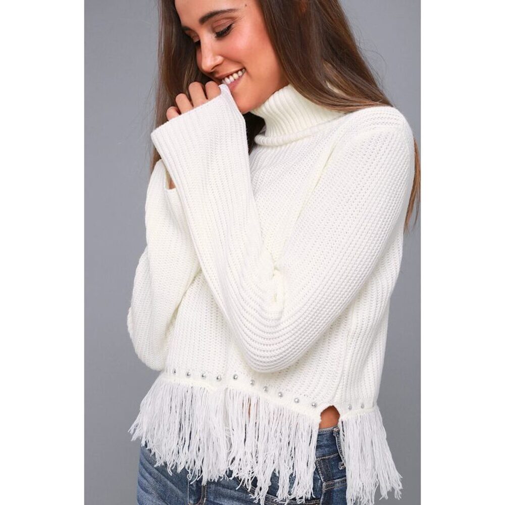 Lulus Freethinker Cream Fringe Cropped Sweater White - Size M